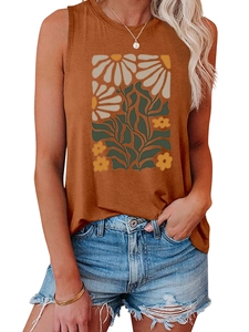 Detail of retro floral pattern on caramel sleeveless tank top with round neckline