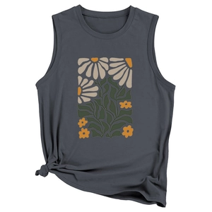 Close-up of charcoal gray sleeveless vest featuring a vintage yellow floral print and hem knot