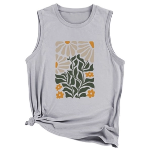 Close-up of vintage daisy floral print and front knot detail on grey tank top