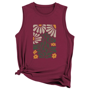 Detail view of burgundy floral vest with daisy print and stylish front knot hem detail