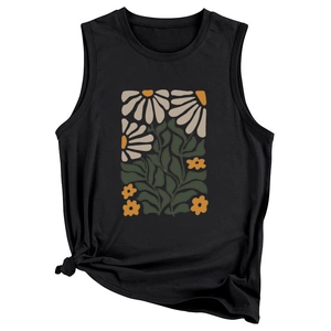 Detail of vintage floral print on a black sleeveless muscle tank top for women