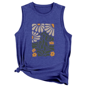 Detail of vintage floral print on navy sleeveless tank top with side knot design feature