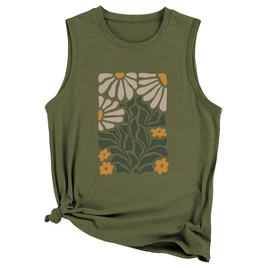 Detail of vintage yellow floral print on olive green sleeveless top with side knot