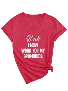 Detail of V-neck heather red T-shirt with white printed slogan and side knot design