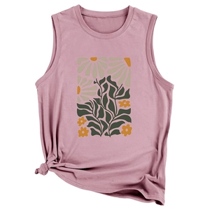 Detail of loose-fit sleeveless tank top with yellow floral print and stylish side knot