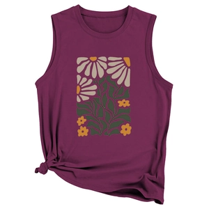 Vintage burgundy sleeveless top with white daisy print and stylish front knot detail