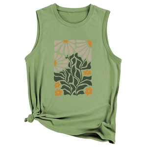 Close-up of green sleeveless vest with floral print and decorative knot detail at the hem