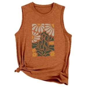 Detail view of terracotta sleeveless top with floral print and decorative side knot at the hem