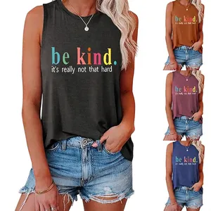 Women Be Kind Slogan Tank Top Round Neck Sleeveless Muscle Tee Side Knot Casual Summer Cotton Blend Top