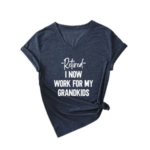 Women V-neck T-shirt in navy blue with Retired I Now Work For My Grandkids print