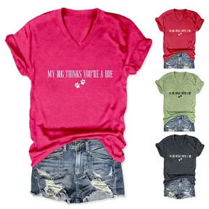 T-Shirt Femme Col En V Manches Courtes Mélange Coton Imprimé Slogan Graphique Patte Décontracté Haut Noué