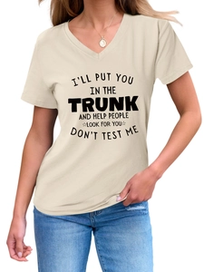 Detail of V-neck short sleeve beige t-shirt featuring bold black slogan print for women