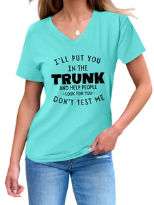 Close-up of V-neck turquoise cotton t-shirt featuring black slogan and screen printing