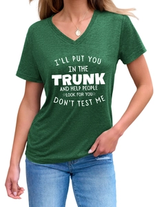 Detail of dark green V-neck T-shirt showing fabric texture and white slogan print