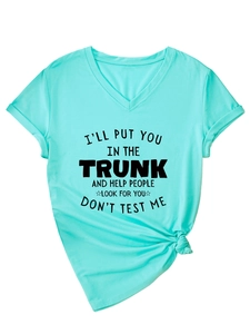 Close-up of cyan V-neck T-shirt with humorous printed text and stylish front knot hem