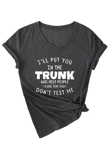 Detail of V-neck dark grey t-shirt with rolled sleeves and white slogan print