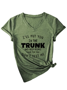 Detail of army green V-neck T-shirt showing letter print and front knot design