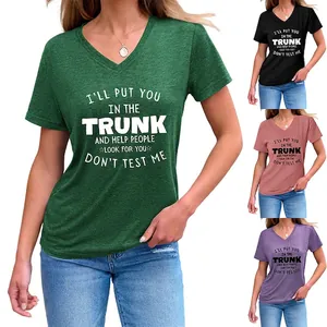 Women V Neck T Shirt Cotton Blend Letter Print Slogan Short Sleeve Casual Summer Top Loose Fit Funny Graphic Tee