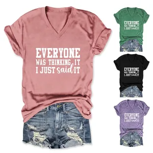 T-Shirt À Col En V Pour Femmes Manches Courtes Mélange De Coton Décontracté Ample Slogan Graphique Tee
