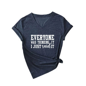 T-shirt bleu marine à col en V avec slogan blanc Everyone Was Thinking It I Just Said It