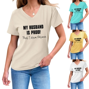 V-neck short sleeve T-shirts set in beige, green, yellow and white with slogan print