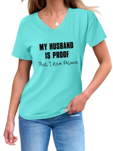 Close-up of V-neck cotton T-shirt with My Husband Is Proof slogan in turquoise blue