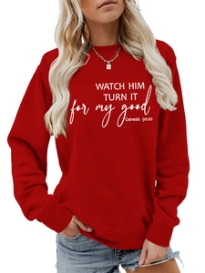 Detail of red crewneck sweatshirt featuring white Genesis 50:20 printed graphic text