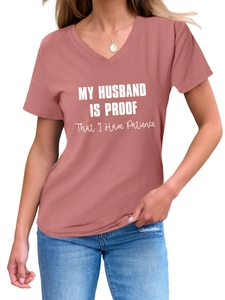 Detail view of V-neck slogan T-shirt with 'My Husband Is Proof' print in dusty pink
