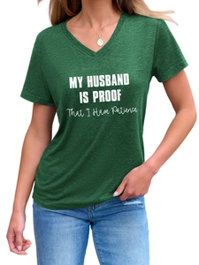 Detail of dark green V-neck T-shirt featuring My Husband Is Proof slogan print