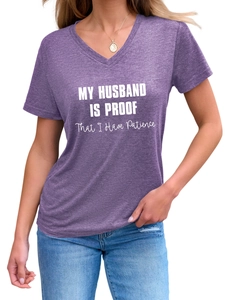 Detail of the white humorous lettering printed on this purple V-neck short sleeve T-shirt