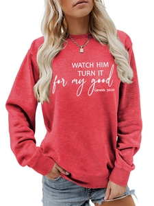 Detail of red crew neck sweatshirt featuring white Genesis 50:20 inspirational quote print