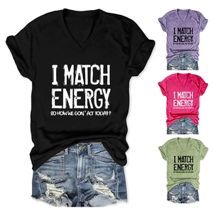 Detail view of V-neck short sleeve T-shirt with I MATCH ENERGY slogan print