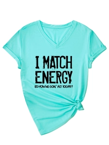 Detail of V-neck T-shirt with 'I MATCH ENERGY' slogan and stylish side-knot detail