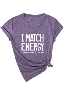 Detail of heather purple V-neck T-shirt with white graphic text and stylish knotted hem