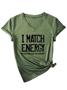 Detail of olive green V-neck T-shirt with front knot and black slogan print