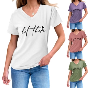 Detail view of V-neck T-shirt with 'let them' print and heart design in various colors