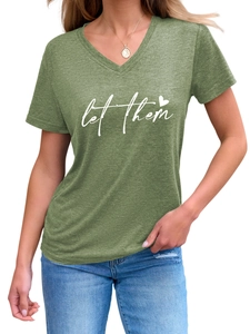 Detail of army green V-neck t-shirt featuring let them print and gold pendant necklace