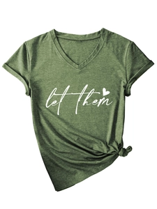 Close-up of V-neck army green T-shirt with white let them print and front hem knot