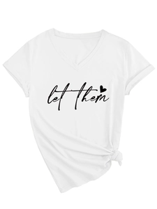 Detailed view of white V-neck T-shirt with 'let them' print and a knotted hem design