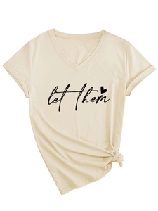 Detail of V-neck beige t-shirt with let them print and knotted hem detail
