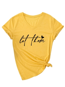 Close-up of yellow V-neck t-shirt featuring let them print and knotted hem detail