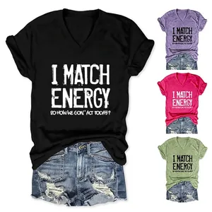 Women V-Neck T-Shirt Cotton Blend Short Sleeve Slogan Print Loose Fit Casual Summer Top Knot Hem