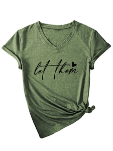 Close-up of military green V-neck T-shirt with let them print and side-knotted hem detail
