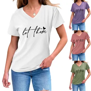Women V-Neck T-Shirt Cotton Blend Short Sleeve Let Them Heart Print Knotted Hem Casual Chic Summer Top