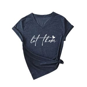 Women V-neck T-shirt in navy blue featuring let them print and side knot detail
