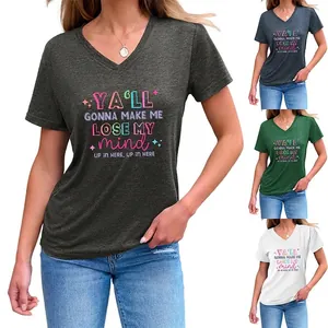 T-Shirt pour Femmes à Col en V Manches Courtes Mélange de Coton Imprimé Slogan Coupe Ample Haut d'Été Décontracté Ourlet Noué