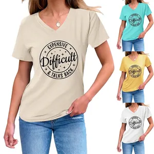 T-Shirt Graphique Pour Femmes Mélange De Coton Col En V Manches Courtes Imprimé Lettres Décontracté Ample Slogan Top Été
