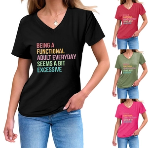 Close-up of V-neck cotton t-shirts in multiple colors with functional adult slogan print
