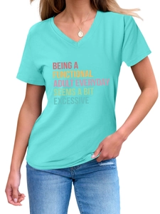 Detail of teal V-neck T-shirt featuring 'Being a functional adult' humorous text print