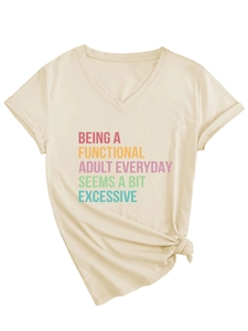 Detail of beige V-neck T-shirt showing knotted hem and 'Being A Functional Adult' print